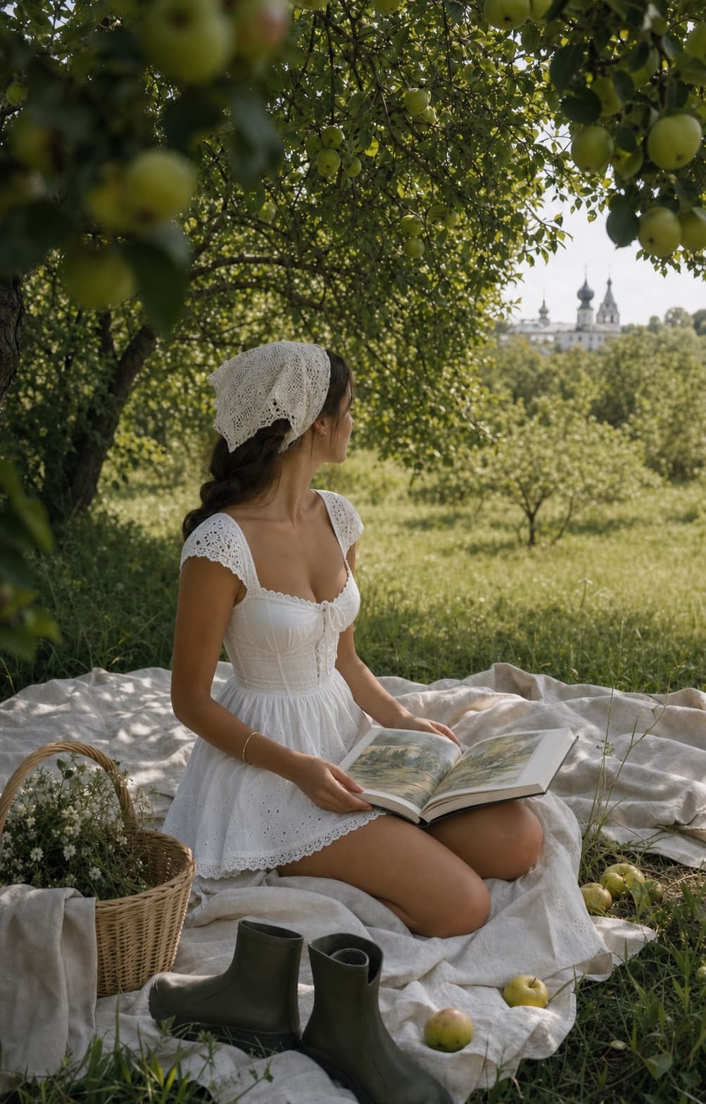 Летний пикник в яблоневом саду в эстетике country chic